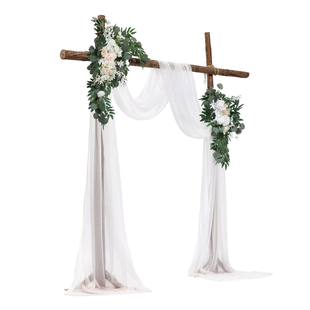 21ft White Artificial Arch Kit: 2 Sheer Drapes + 2 Realistic Silk Flower Sets