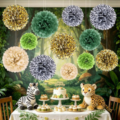 Jungle Safari Party Tissue Pompom Wild Animal Leopard Zebra Print Decor Sage Gre