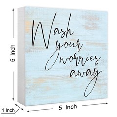 Funny Rustic Blue Wood Sign – Wash Your Worries Away – Wood Block Sign for Sh…