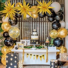 RUBFAC 140pcs Black and Gold Balloons, Black Metallic Gold Confetti Star Late…