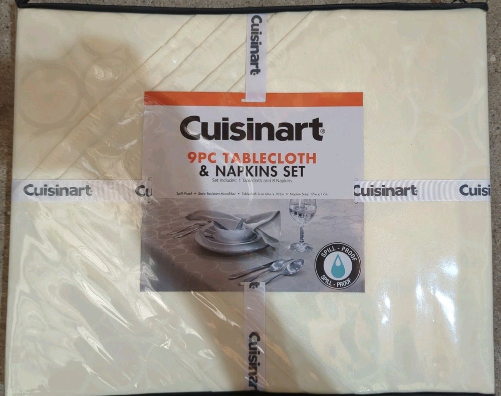 Cuisinart 9 Piece Tablecloth & Napkins Set, Cream in Color, Circular Pattern