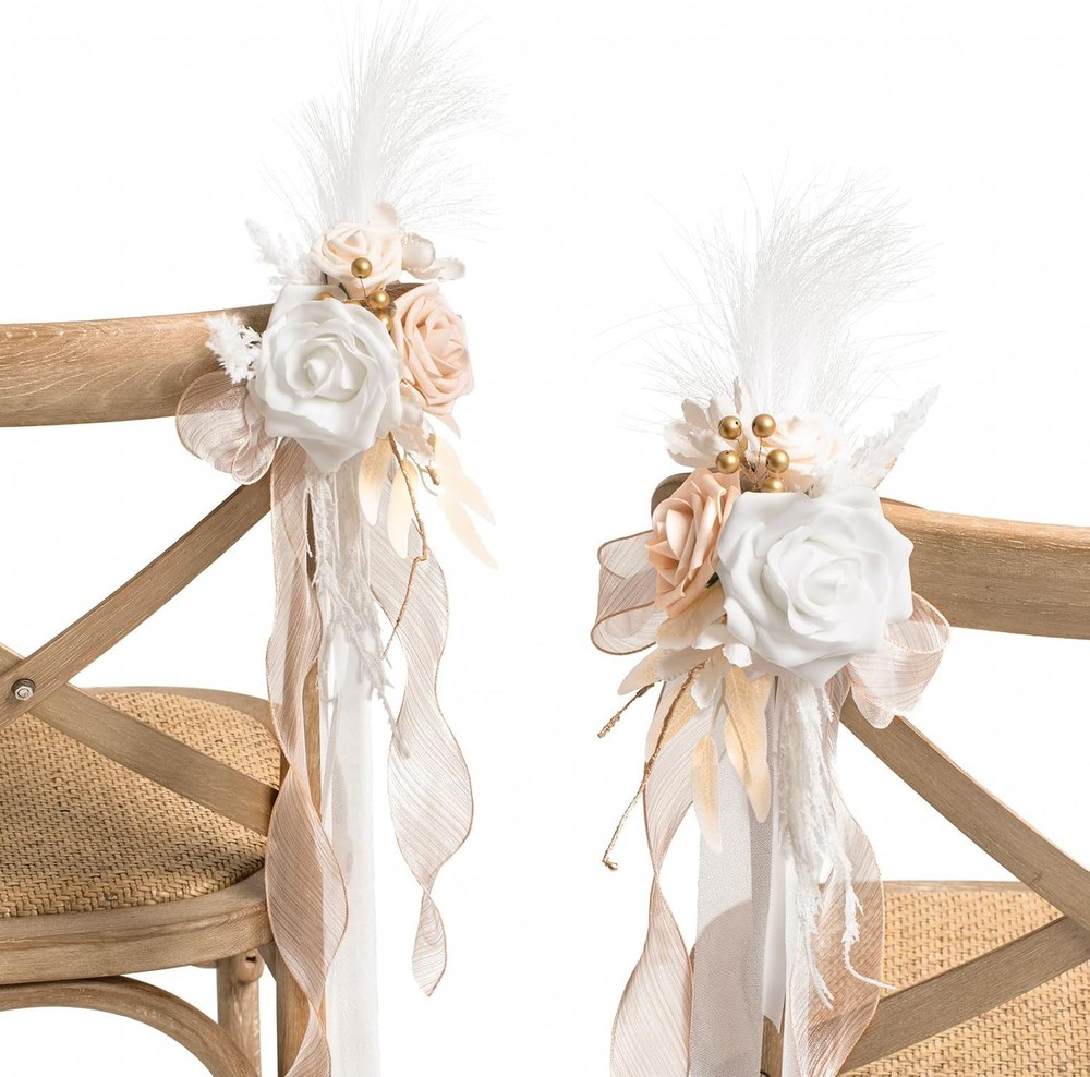 8pcs Wedding Artificial Aisle Pew Flowers White & Beige Chair Decorations