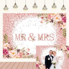 Mr & Mrs Wedding Backdrop Banner White Rose Floral Wooden Wall Glitter Lights