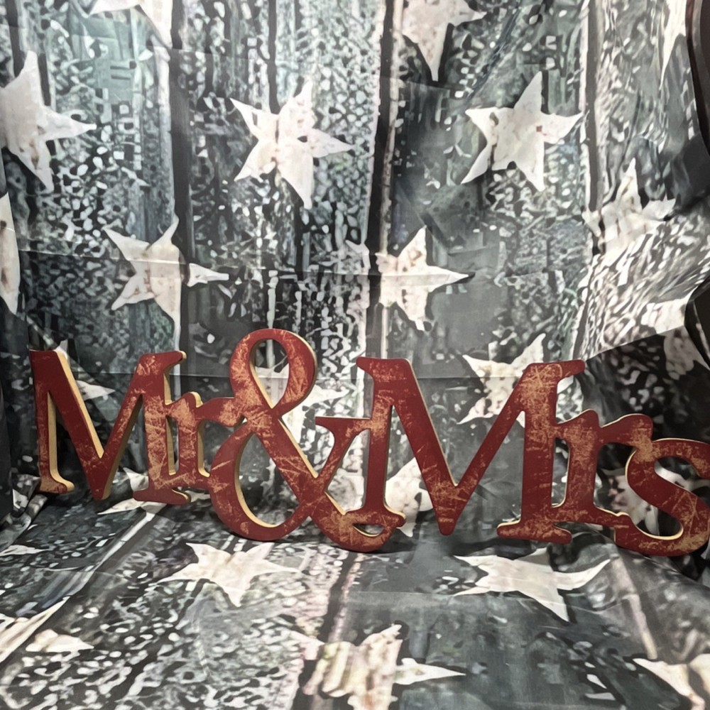 Wooden Mr & Mrs Wall Hanging 22.5” by 7” at the &. Distressed Red.