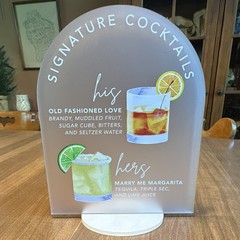 His & Hers Signature Cocktails Wedding Acrylic Arch Sign Set w/ Stand, 2pc