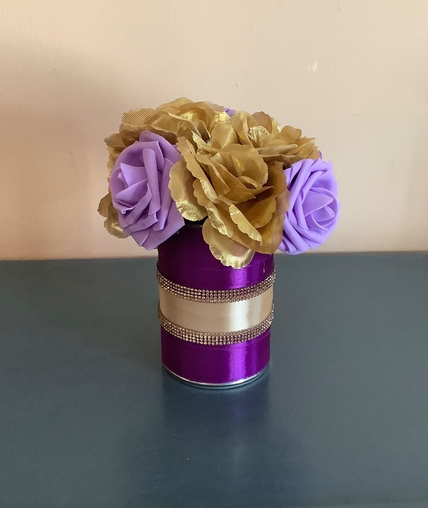 Golden Rose centerpiece embellished with satin and rhinestone ribbon…you pick co