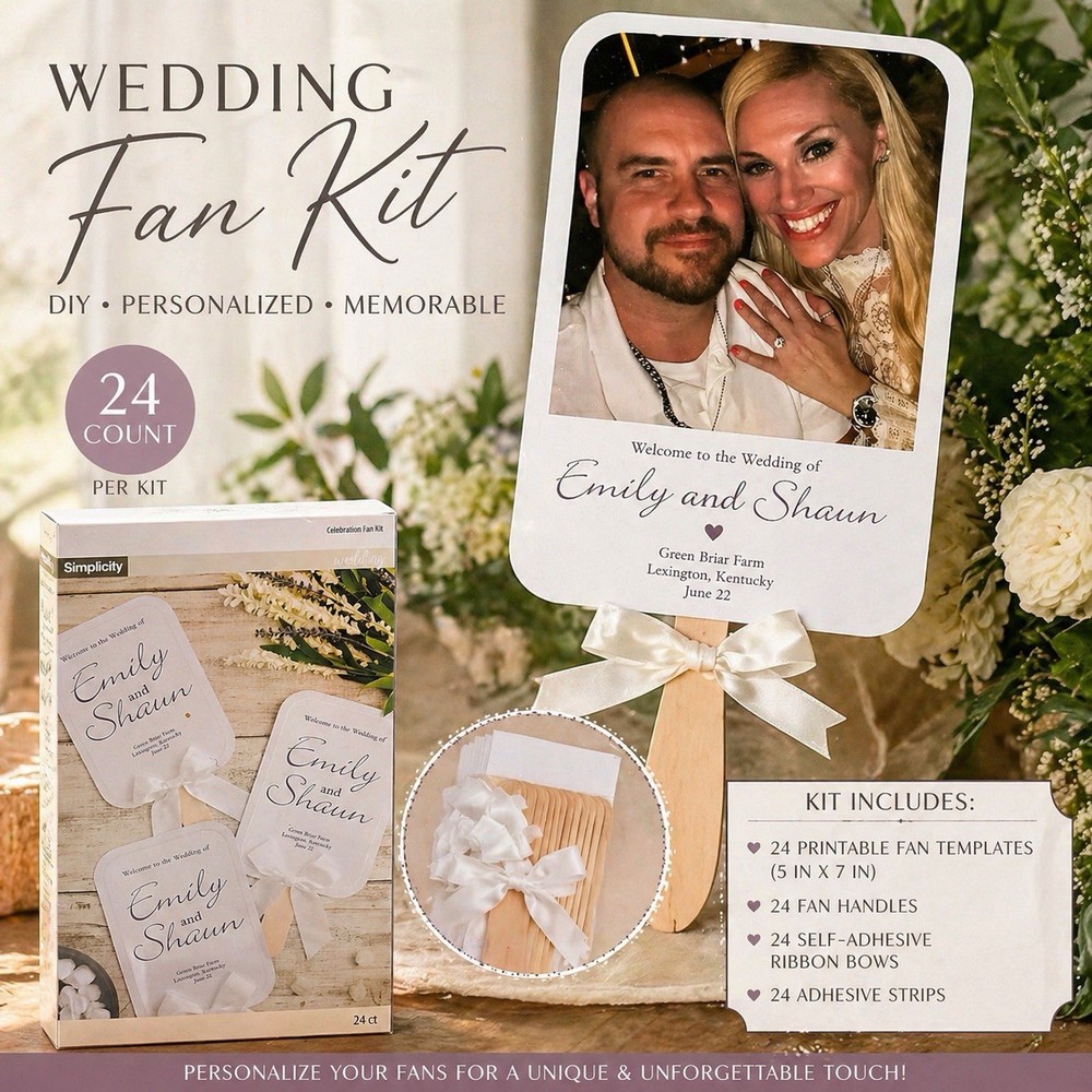 Simplicity Wedding Fan Kit 24ct DIY Printable Personalized w/ Handles & Bows