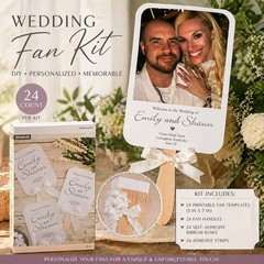 Simplicity Wedding Fan Kit 24ct DIY Printable Personalized w/ Handles & Bows