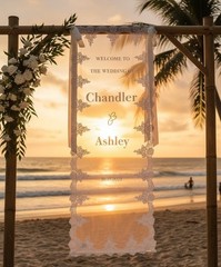 Personalized Sheer Wedding Welcome Sign with Lace Trim, Hanging Banner Romantic
