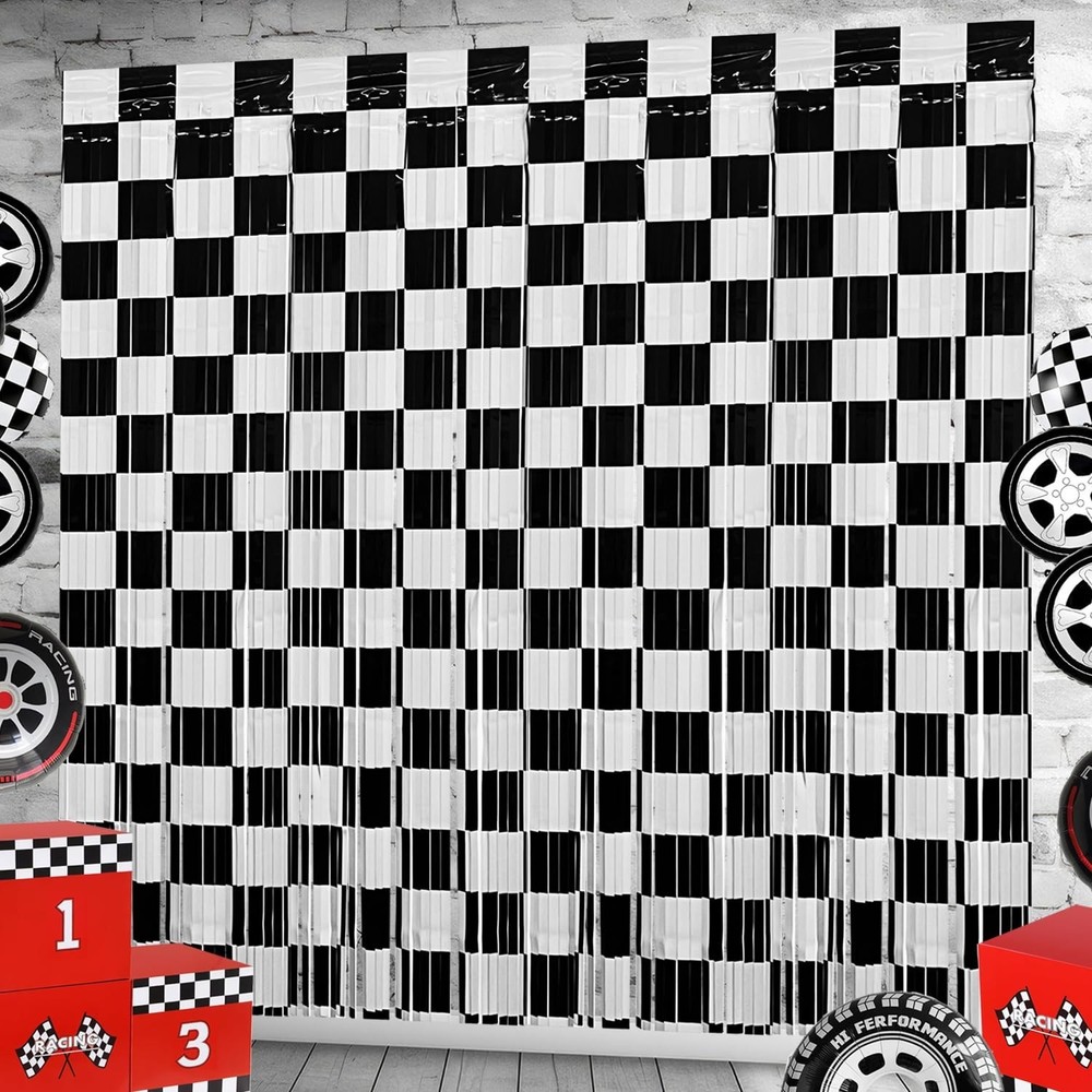 Race Car Foil Fringe Curtains Backdrop Birthday Party Decorations, 2 Pack 3.2…