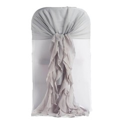 Silver Premium CHAIR COVER with Curly Chiffon Ruffled SASHES Wedding Light Gray