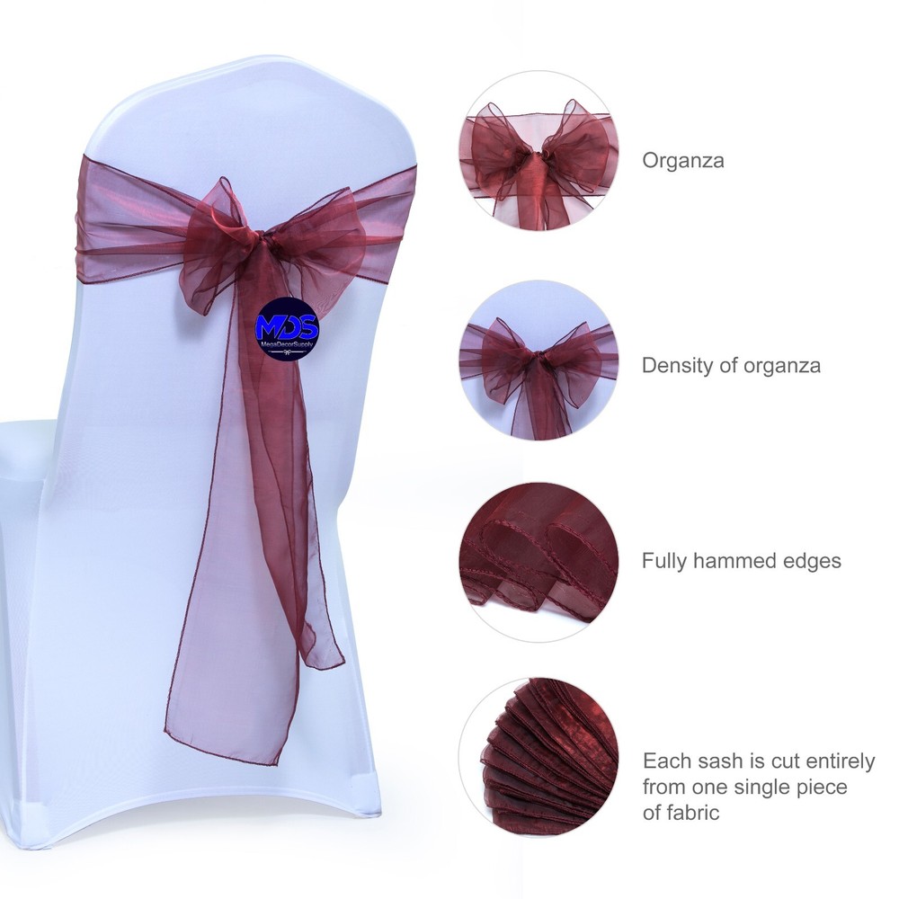100 Burgundy Organza Chair Sash Bow Wedding Banquet Party Event Decor, Free Ship