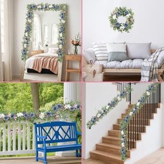 2Pcs 5.9 Ft Artificial Rose Vine Fake Flower Garland Rose Hydrangea 2PCS Blue