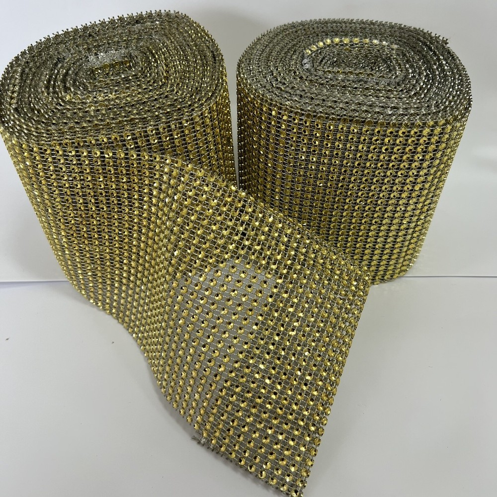 2 Rolls 10 yd Ea Gold Sparkle Diamond Mesh Wrap Roll Rhinestone Crystal Ribbon