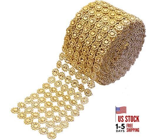 Crafts Faux Diamond Bling Wrap 4″ x 10 Yards 6 Rows Flower Pattern Faux Gold