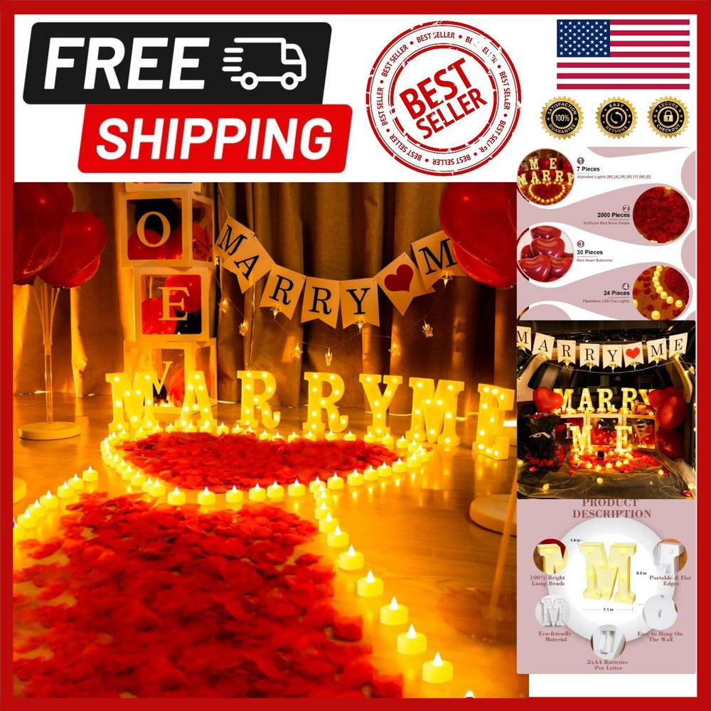 Light Up Proposal Sign Kit: ‘Marry Me’ with Flameless Candles & Romantic Petals