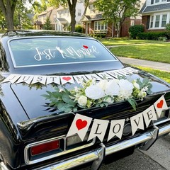 Just Married Car Decorations Kit – Floral Swag, Love Sign Banner & Window Decals