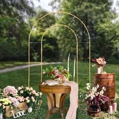 Gold 8 ft Metal Floral Display Frame Round Top Double Arch BACKDROP STAND Party