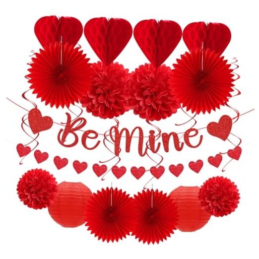 Valentines-Day Decorations-Heart Streamers Galentines-Decor – 22pcs Be Mine Red