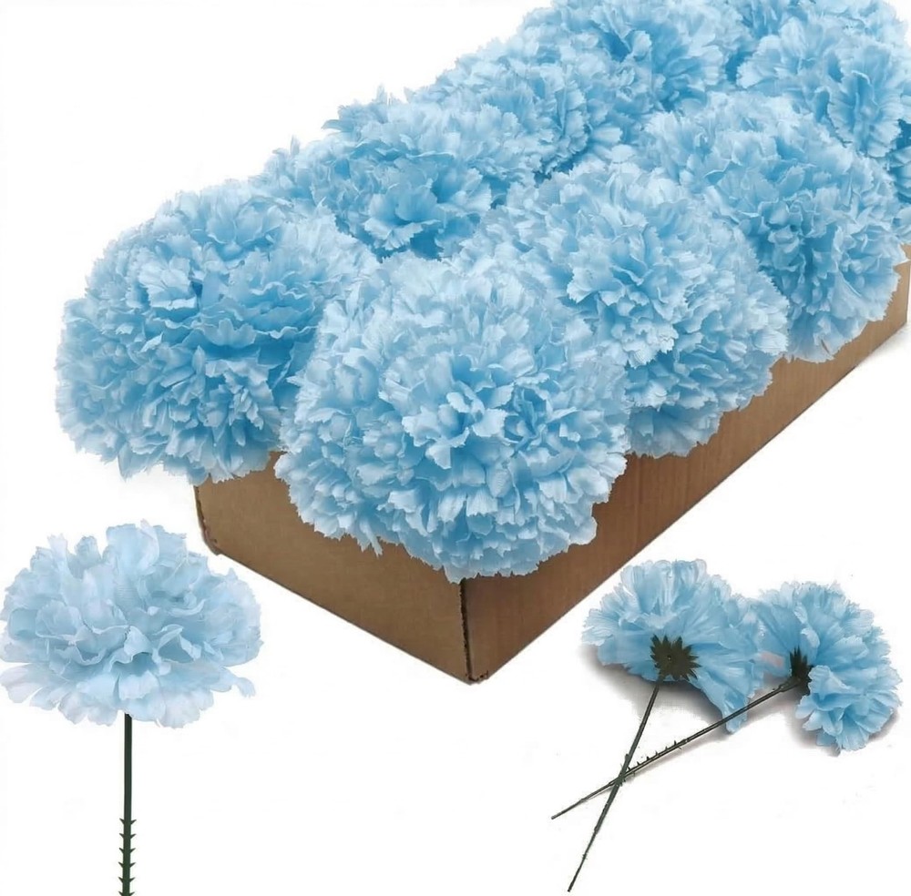Larksilk Blue Carnations, Fake Flowers, 100 Pack for Events, Weddings, DIY