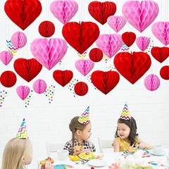 36 Pcs Valentine Heart Honeycomb Decorations Pom Poms Honeycomb Ball Pink, Red