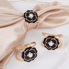 10 BLACK Pearl Floral Metal Napkin Rings GOLD Rim Party Decorations Wedding