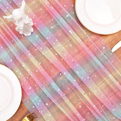 Rainbow Glitter Moon and Stars Tulle Table Runner 10FT Silver Sequin Metallic Fo