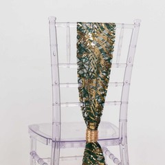 5 HUNTER GREEN GOLD Wave Mesh Embroidered Sequins CHAIR SASHES Party Events