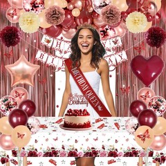 Burgundy Rose Gold Birthday Decorations with Happy Birthday Banner, Balloons,…