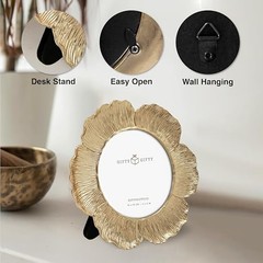 Circular Gold Floral Photo Frame / 4×4 In | For Tabletop Display | 4″X4″