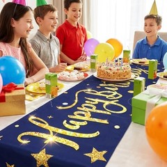 Deep Blue Gold Happy Birthday Table Runner, 72×13 in Confetti Happy Birthday