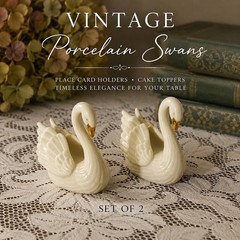 Vintage White Porcelain Swan Place Card Holders / Cake Toppers – Set of 2 – Gold