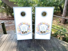 Custom Wedding Cornhole Wraps or Boards – Wedding Crest / White and Dusty Blue