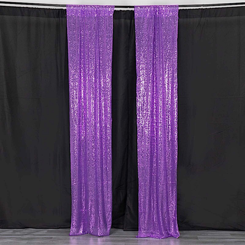 2 PURPLE 8ft x 2ft Sequined Backdrop Curtain with Rod Pockets Wedding