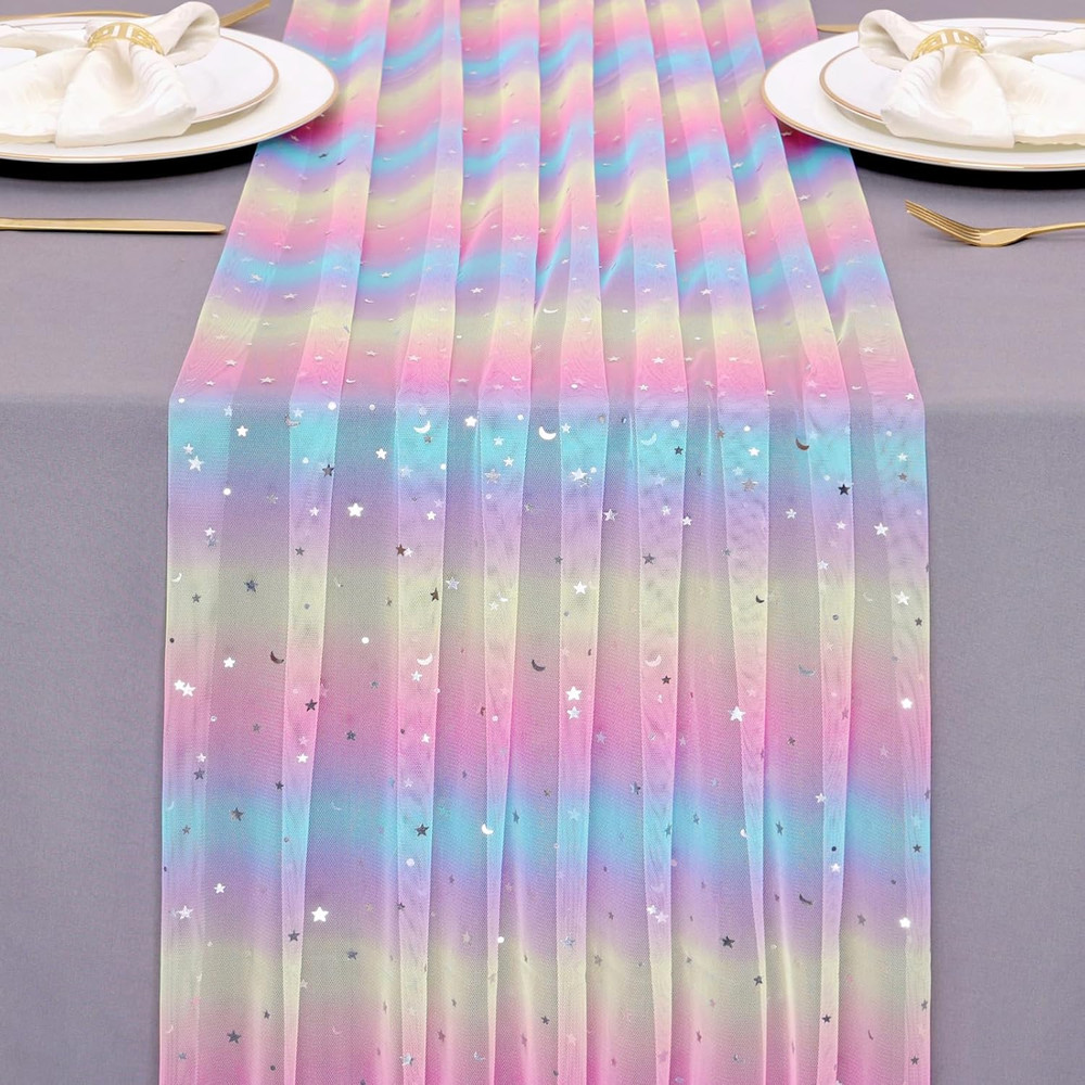 Rainbow Glitter Moon and Stars Tulle Table Runner 10FT Silver Sequin Metallic Fo