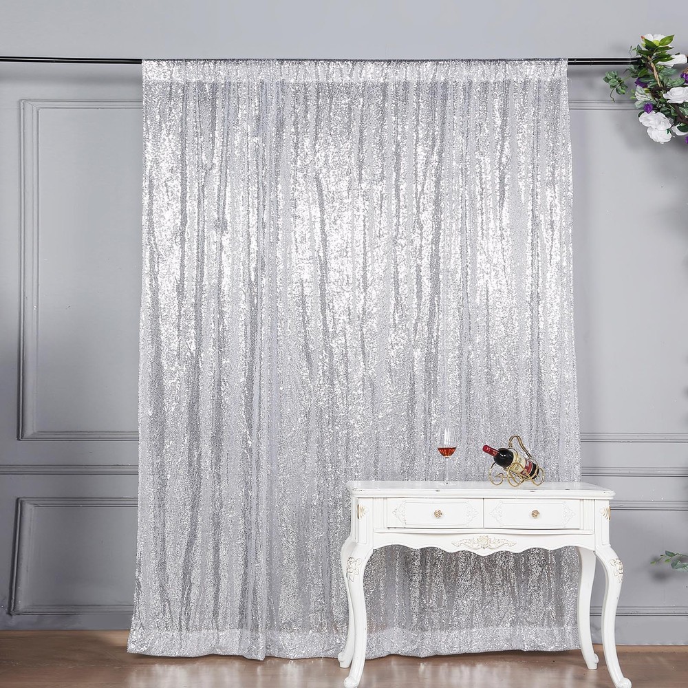 SILVER 8 ft x 8 ft Sequined Backdrop Curtain Wedding Party Booth Light Gray