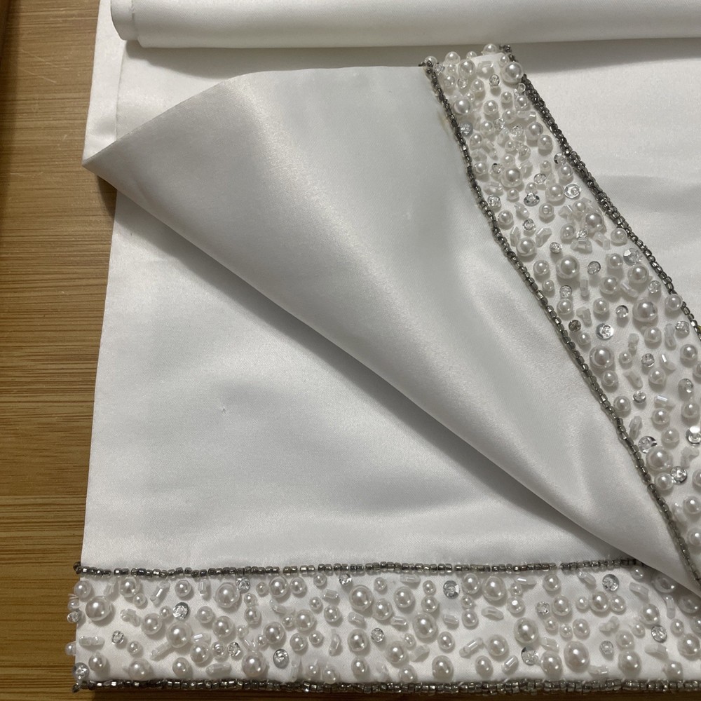 White Bridal Satin With Beaded Ends. 15.75” X 94” Double Sided Table Decor