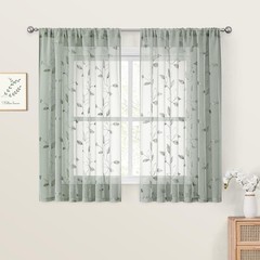 HOMEIDEAS Sage Green Sheer Kitchen Curtains 52 x 45 Inch Length 2 Panels Embr…