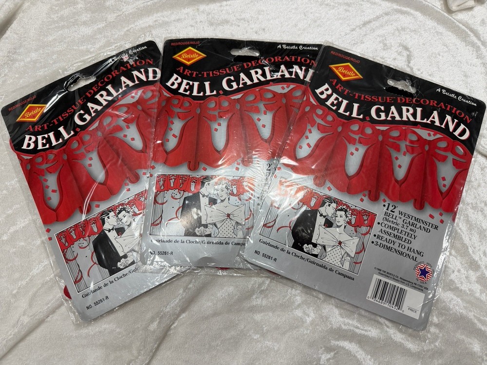 Vintage 90s Beistle Lot of 3 Wedding Bell Garland 12 Ft Westminster 3D Red Bells