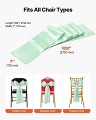 100pcs 7x108inch Light Green Satin Chair Bow Sashes Seamless & Iron-Free