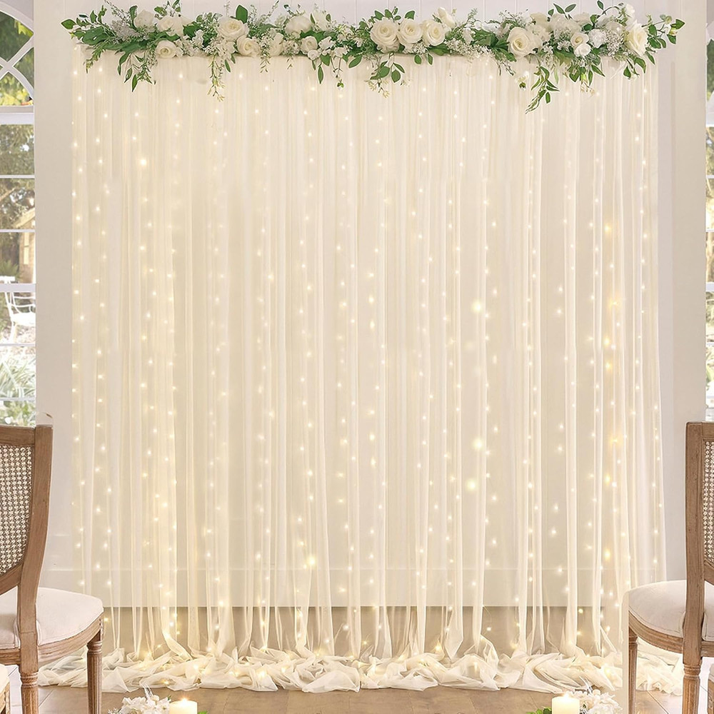 Champagne Tulle Backdrop Curtain with Lights String for Parites Wedding 5X8Ft