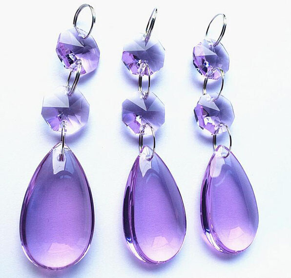20Pcs Purple Crystal Glass 38mm Smooth Teardrop Pendant w/ 14mm Octagon Beads