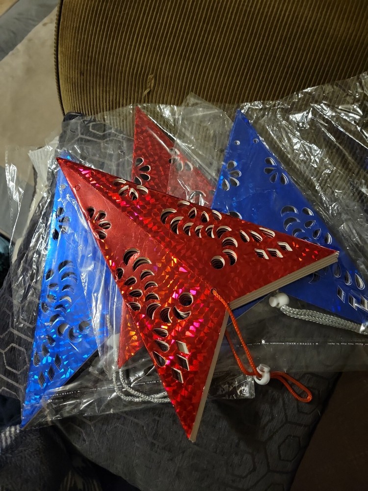 4 piece 30cm Hanging Paper Star Festival Lamp Pentagram Lanterns. 2 Blue, 2 Red.