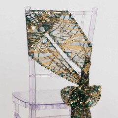 5 HUNTER GREEN GOLD Wave Mesh Embroidered Sequins CHAIR SASHES Party Events