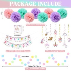 Unicorn Birthday Decorations, Happy Birthday Banner,9pcs Tissue Paper Pom Pom…