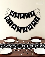 Happy Birthday Table Runner Black and White Checkerboard Birthday Party Decor…