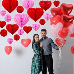 36 Pcs Valentine Heart Honeycomb Decorations Pom Poms Honeycomb Ball Pink, Red
