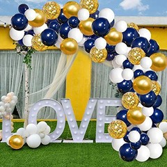 Navy Blue Balloons Garland Kit, 120 pcs Navy and Gold Confetti White Balloons