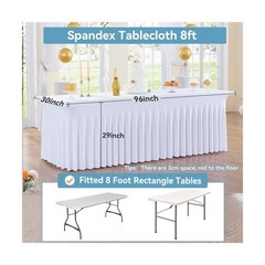6 pk White Spandex Table Cloth Rectangle 8ft with Ruffle Skirt,Wrinkle Free H…