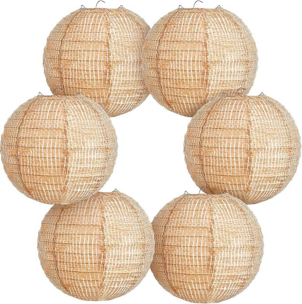 Hortsun 6 Pcs Print Burlap Paper Lanterns Round Chinese 8 Inch, Light Brown